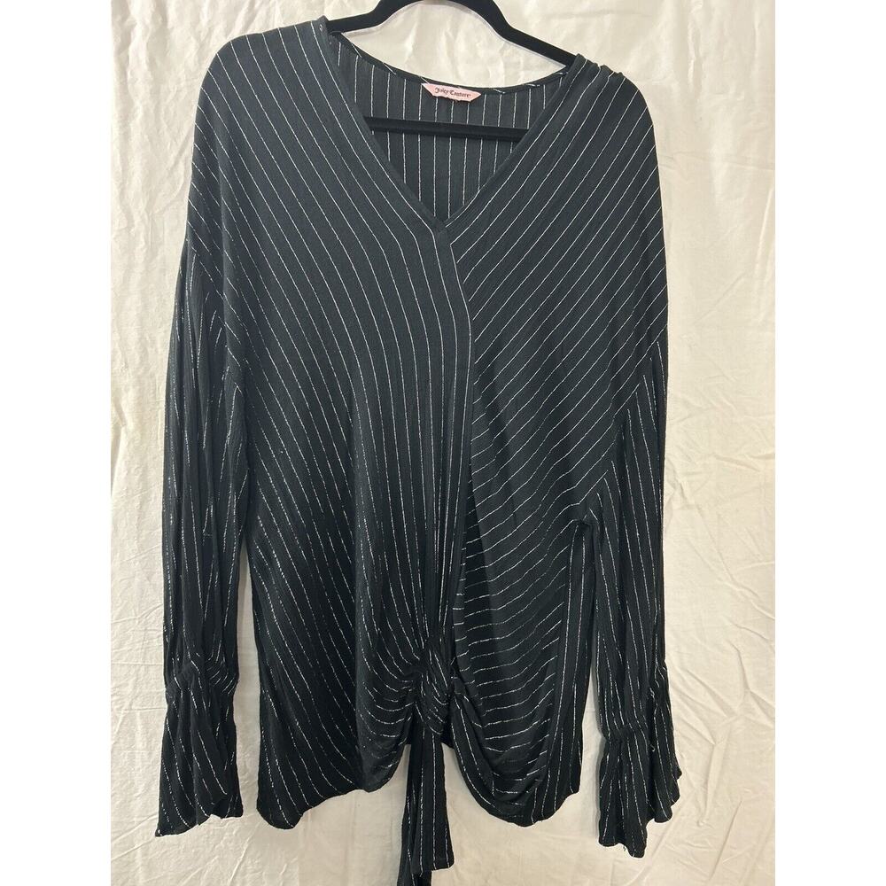 Juicy Couture Tie Waist Long Flowy Bell Sleeve Black Silver‎ Stripes Witchy Sz L